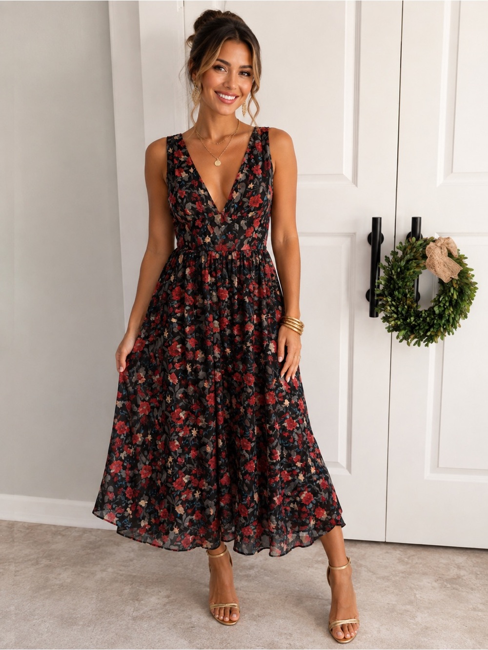 Romantic Floral V-Neck fitted waist Midi Dress‎ in Black and Red
